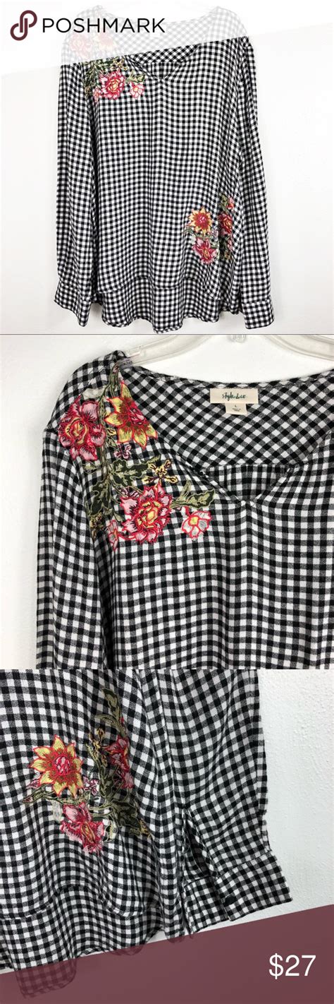 Style And Co Gingham Plaid Floral Embroidered Top Floral Embroidered