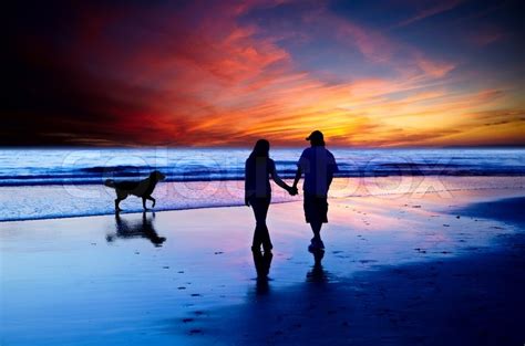 Young Couple In Love Walking On The Beach With Golden Retriever Dog At
