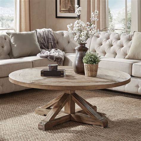 Benchwright Rustic X Base Round Pine Wood Coffee Table By Inspire Q
