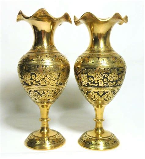 vintage pair of indian brass vases with black enamel etched design scalloped top brassdecor