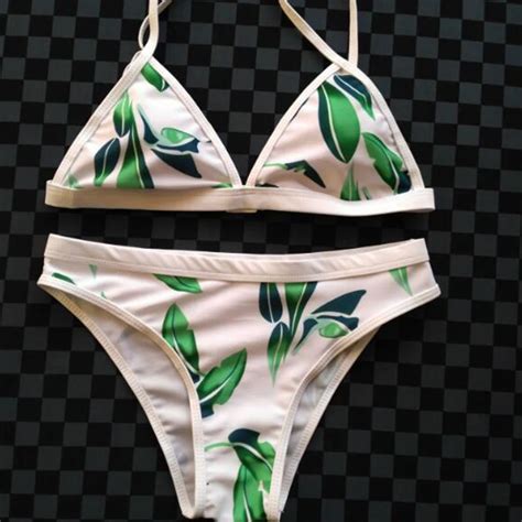 Womens Sexy White Print Leaves Triangle Bath Bathing Suit Beachwear Bikinis Sets Biquini