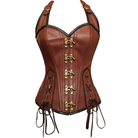 Nd 046 Brown Leather Look Corset With Buckle Halterneck Leather