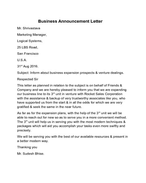 Business Announcement Letter Sample Edit Fill Sign Online Handypdf