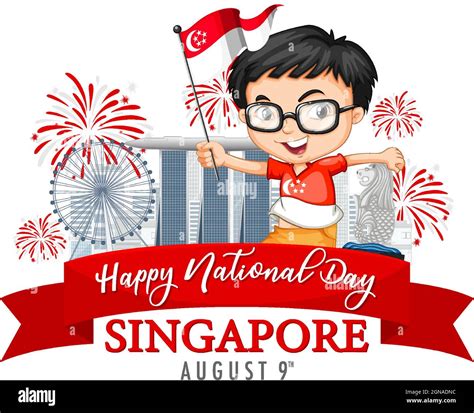 Singapore National Day Banner With A Boy Holds Singapore Flag Cartoon