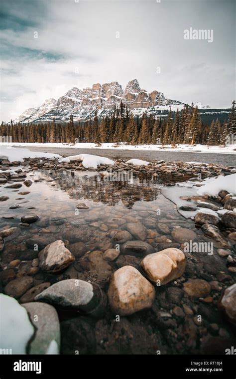 Scenic Bow River And Castle Mountain In Winter Banff National Park