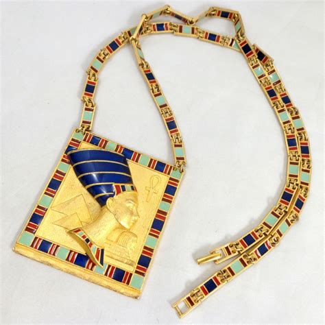 Vintage Egyptian Revival Nefertiti Enamel Link Necklace From