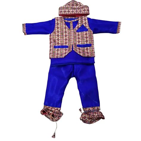 Dark Blue Velvet Pasni Dress Set For Boy With Dhaka Sleeveless Coat