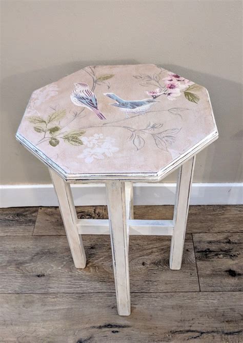 Vintage Shabby Chic Upcycled Side Table With Birds And Flowers