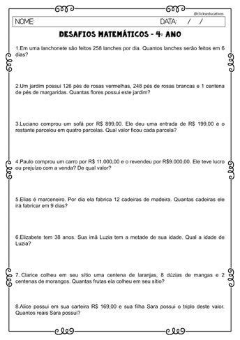 Problemas De Matem Tica Ano Clicks Educativos Desafios De