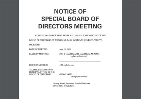 Notice Of Special Board Of Directors Meeting Woodland Park Academy