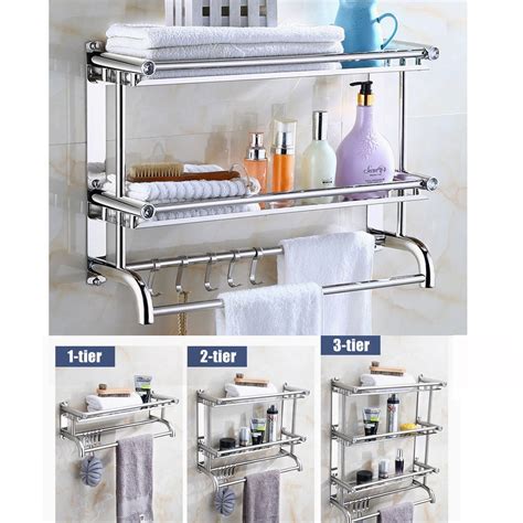ferio high grade stainless steel wall mount shelf tier bathroom shelf rack with towel holder