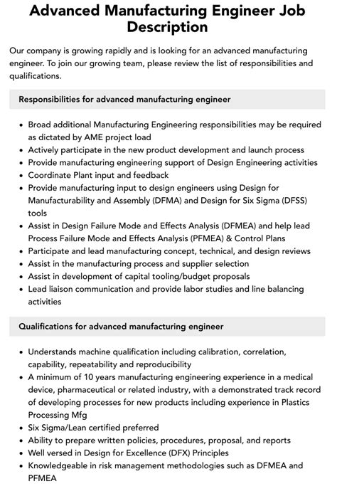 Advanced Manufacturing Engineer Job Description Velvet Jobs