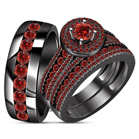 His Her Garnet Engagement Bridal Wedding Band Trio Ring Set 14k Black