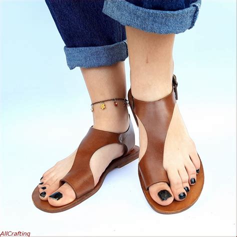 toe ring sandals brown leather sandals genuine leather etsy