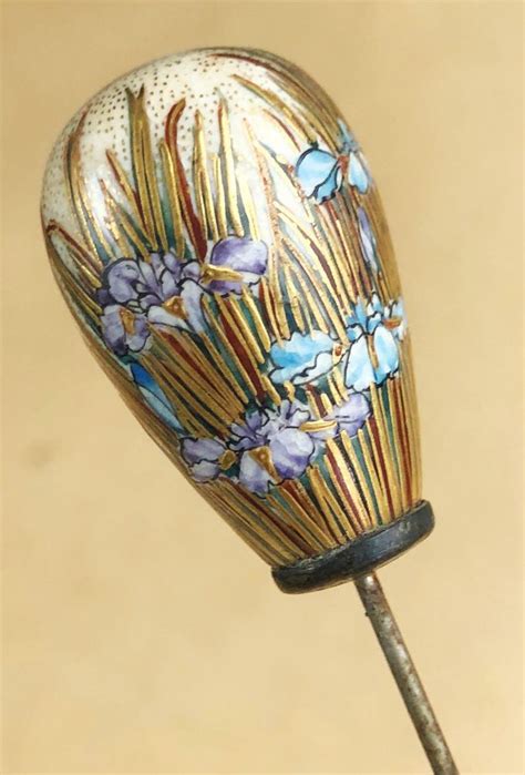 Antique 12 Victorian Hatpin Iris Japanese Painted Porcelain Satsuma