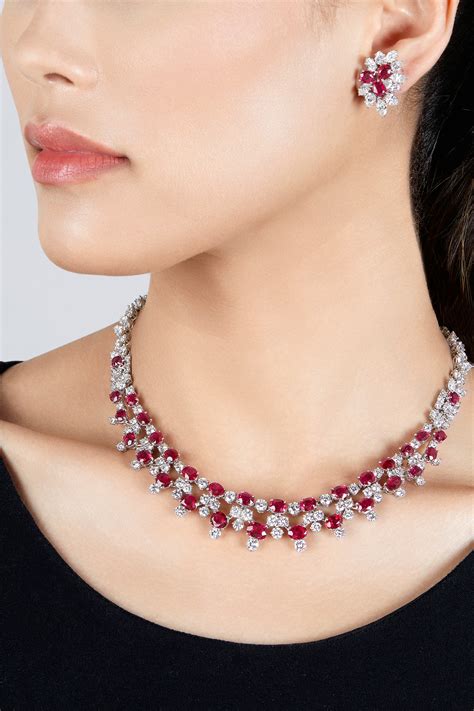Harry Winston Ruby And Diamond Necklace And Pair Of Earclips