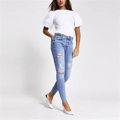 blue ripped amelie mid rise skinny jeans river island