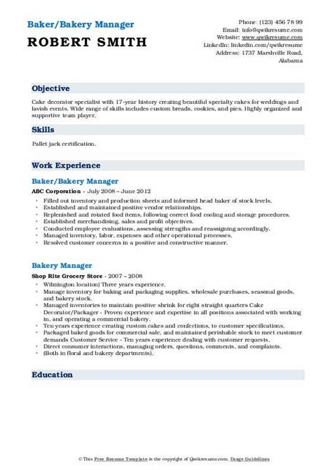 Bakery Manager Resume Samples Qwikresume