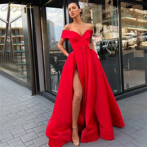 berylove bright red formal evening dress 2019 side sleeves off shoulder high slit evening gown