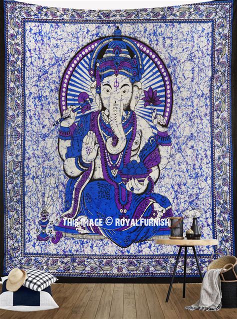 Purple Hindu God Ganesha Cotton Batik Tapestry Wall Hanging Art