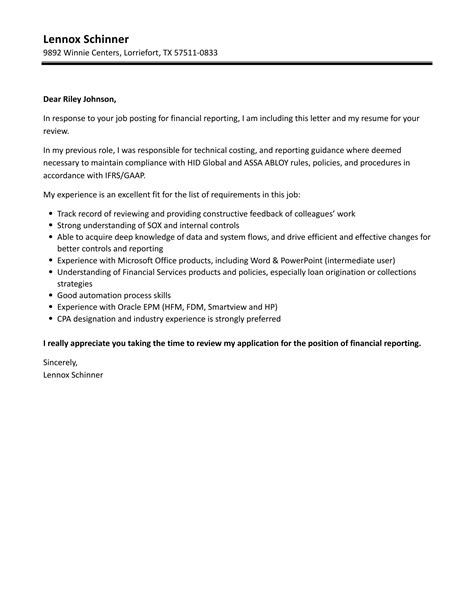 Financial Reporting Cover Letter Velvet Jobs