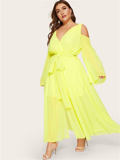 Plus Cold Shoulder Surplice Front Belted Neon Yellow Dress