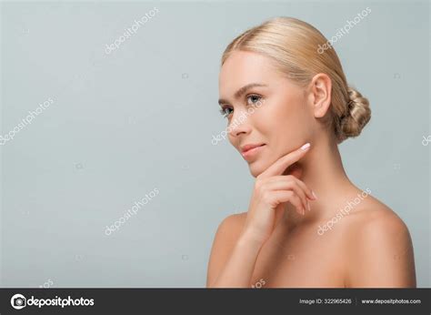 Happy Naked Woman Touching Face Isolated Grey Stock Photo By HayDmitriy