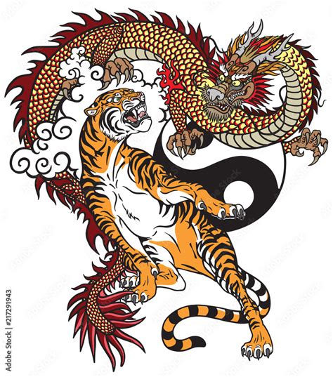 Chinese Dragon Versus Tiger Tattoo Vector Illustration Included Yin