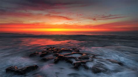 Sunset Sea Beach Stones Red Sky Cloud Beautiful Hd Wallpaper For Dektop