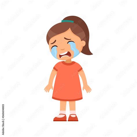 Crying Sad Little Girl Flat Vector Illustration Upset Child With Tears