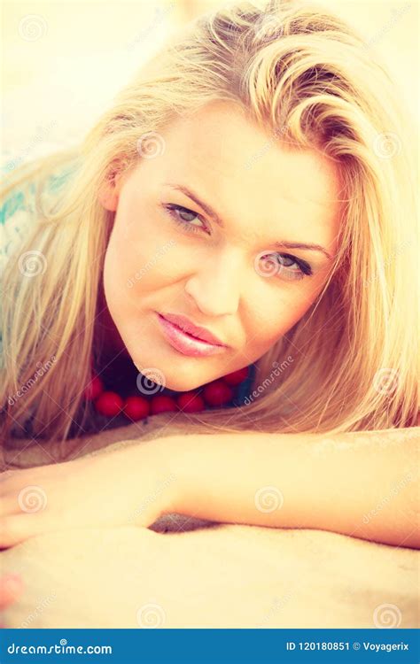 Woman Lying On Sandy Beach Relaxing During Summer Stock Image Image Of Attractive Sandy