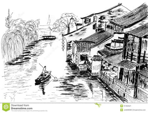 Drawing is a learned skill taking years of practice, figuring out where to begin can be challenging. Sketch The River Village Wuzhen Stock Illustration - Image: 31402521