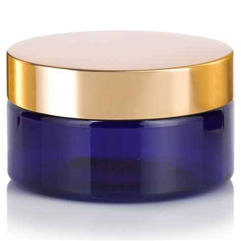 Cobalt Blue Plastic Low Profile Jar With Gold Metal Overshell Lid 12 Pack
