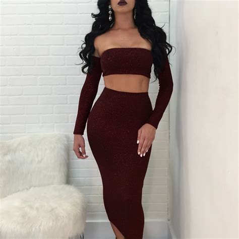 Buy Women 2 Piece Set Bodycon Long Sleeve Crop Top And Pencil Skirt Suit Lace