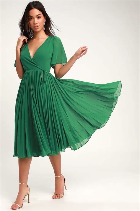 Pleats To Meet You Green Pleated Midi Wrap Dress Wrap Dress Midi