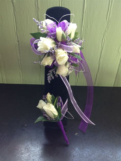Matching Rose Corsage And Boutonniere Purple And White With Silver
