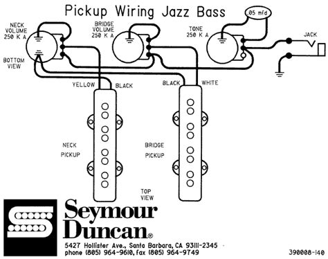 The diagram provides visual representation of an electric arrangement. Schéma de montage / cablage pour Basse Fender Jazz Bass