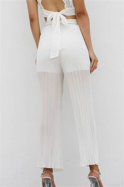 Women Pleated White High Waist Casual Chiffon Pants S In 2020