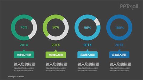 蓝绿色四个并列的百分比展示饼图ppt模板图示下载 Pptmall