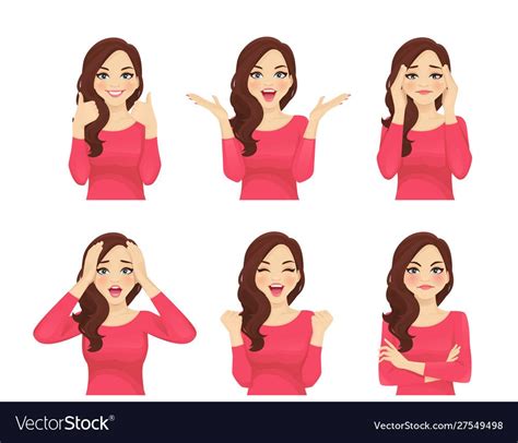 Set Of Young Beautiful Woman With Different Emotions Facial Expression With Various Gestures