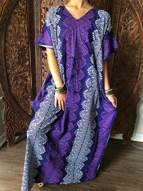 Womens Kaftan Maxi Dress Purple White Print Caftan Etsy Cotton