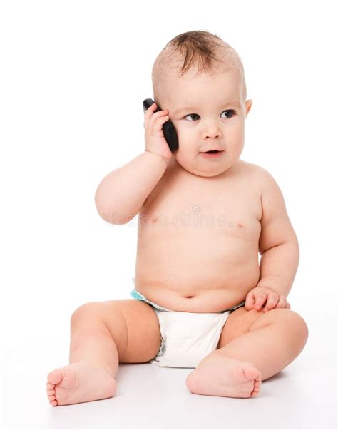 Cute Little Baby Is Talking On Cell Phone Stock Photo Image Of Person