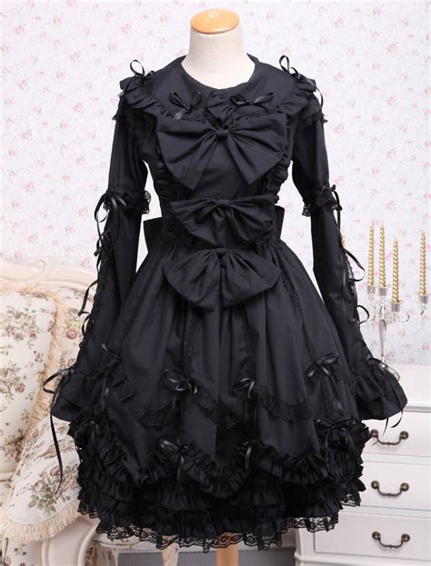 Elegant Gothic Black Cotton Lolita Op Dress Long Sleeves Lace Trim Bows Ruffles Milanoo Com