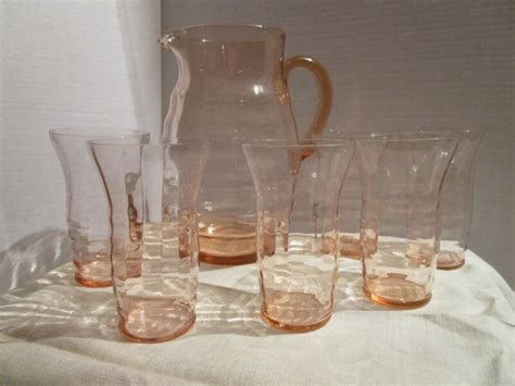 vintage beautiful lgh pink depression glass beverage set pitcher and 6 tumblers antique