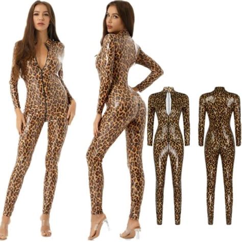 Womens Leopard Print Catsuits Slim Fit Bodysuits Metallic Leatherjumpsuits Sexy Ebay