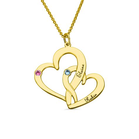 Interlocking Two Hearts Name Necklace With Birthstone Gold