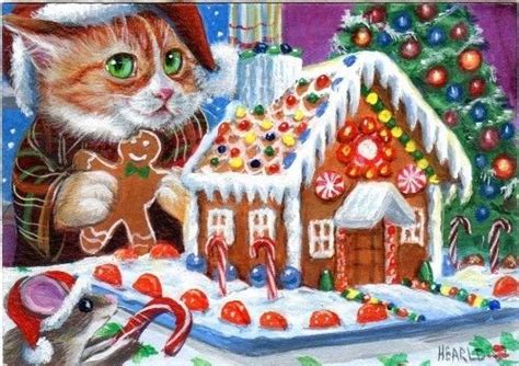 Aceo Original Christmas Tree Kitten Tabby Mouse Gingerbread House Snow