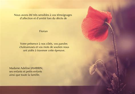 Carte de remerciements condoléances  thème fleurs  Poppy  Carte