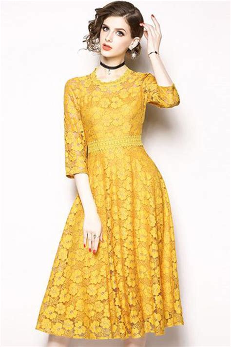 Yellow Lace O Neck 34 Sleeve Fit And Flare Dress Lace Dress