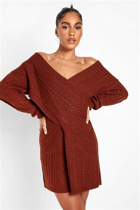 Womens Off The Shoulder Cable Knitted Jumper Dress Boohoo Uk